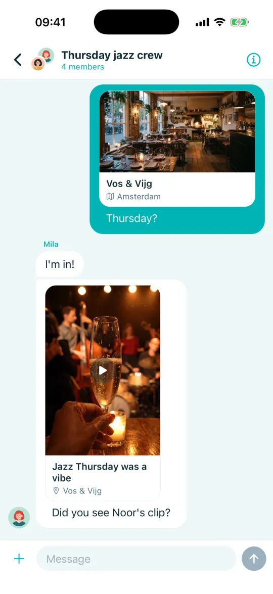 A group chat with a shared restaurant and a shared video