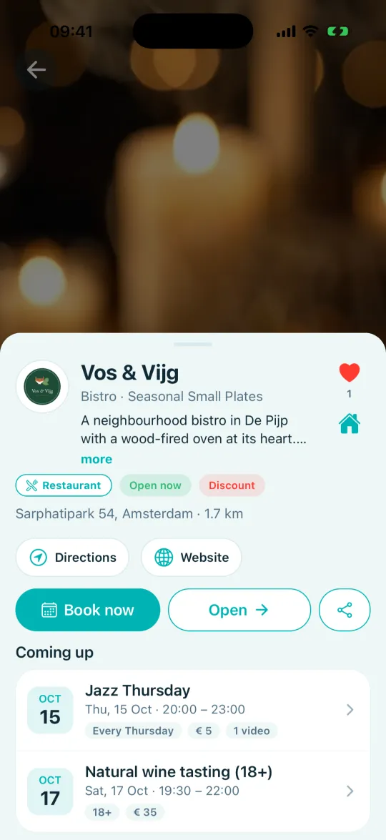 A restaurant’s card over its video, with Book now and its coming events