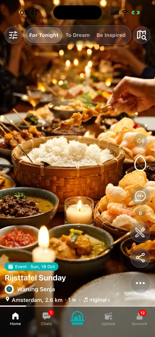 The For Tonight feed: a video of a rijsttafel with an event badge